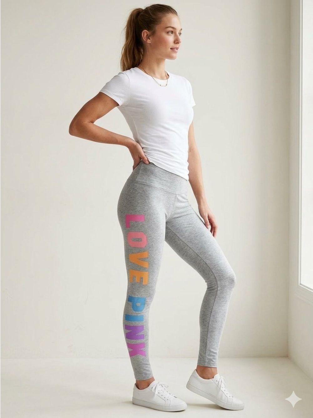 PINK Victoria's Secret Grey Jeggings with Multicolor 'LOVE PINK' Side Print
